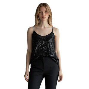 1.STATE Black Sequin Camisole Top V-Neck Adjustable Straps Women's Size L - NWT